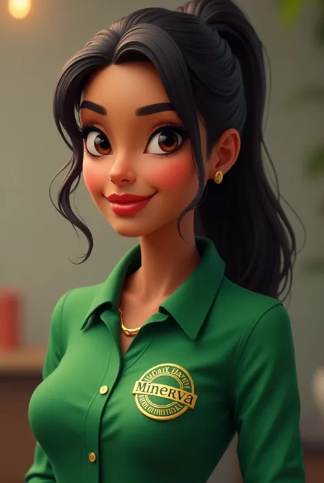 A full-body animated image of a 28-year-old woman with dark skin, black hair, black eyes, thick eyebrows, hair tied back, thick red lips, a merchandiser for an Ecuadorian Minerva coffee company, wearing a green long-sleeved shirt with a gold-colored Minerv...