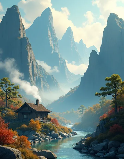 Bizarre steep peaks，autumnal，There is a creek at the bottom of the mountain，There are reflections in the stream,Village cottage,And cooking smoke rises，The pine tree has a peculiar shape，Sway with the wind,Impresionismo，Color palette style，iso-distance vie...