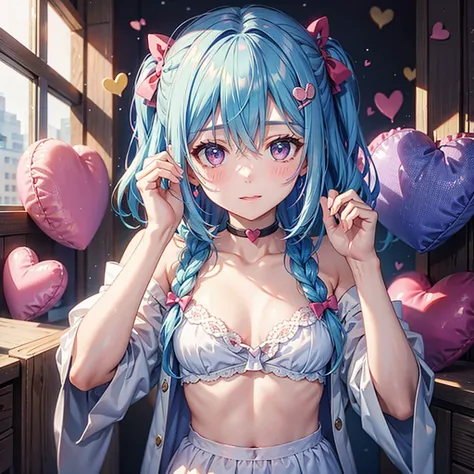 Sky Blue Hair、Braided Short Hair、Pink Eyes、Fair skin、whole body、One person、Shy、Lots of hearts in the background、(Heart-shaped chocolate)、Chocolate Angel、valentine&#39;s day、masterpiece、Highest quality、Very detailed、Best Shadow、Detailed Background、Beautiful...