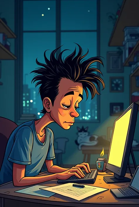 make a cartoon of a tall indonesian man with coma hair who work on his computer at the night time  make him look like he kinda poor (make like the picture is not make by a ai)