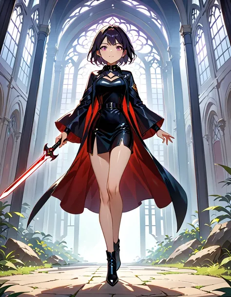 (((masterpiece, best quality, high detailed, 16k))) (1girl) a mysterious rogue with short, jet-black hair and striking violet ey...