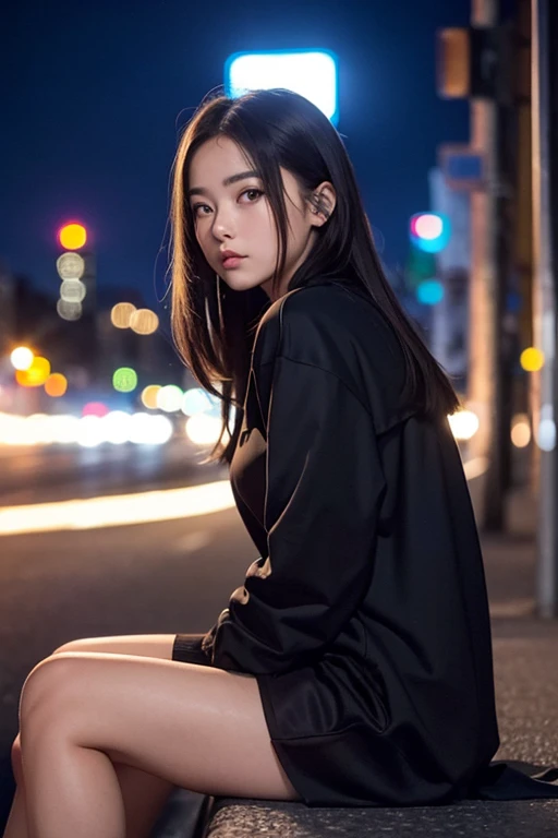 YOUNG WOMAN IN DARK CLOTHES, SITTING ON THE STREET WITH A CITY IN THE BACKGROUND ((at night)) ((pretty Woman))