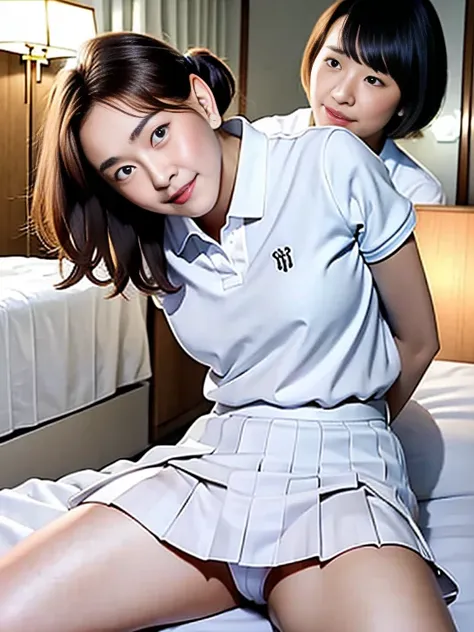 (Masterpiece, Best quality:1.3), (Ultra realistic:1.2), Natural light, 28 years old actress, Japanese women, Neat and clean, (White tennis uniform, White short-sleeve polo shirt with darknavy line collar:1.1), (unbutton:1.3), (White pleated skirt:1.1), whi...