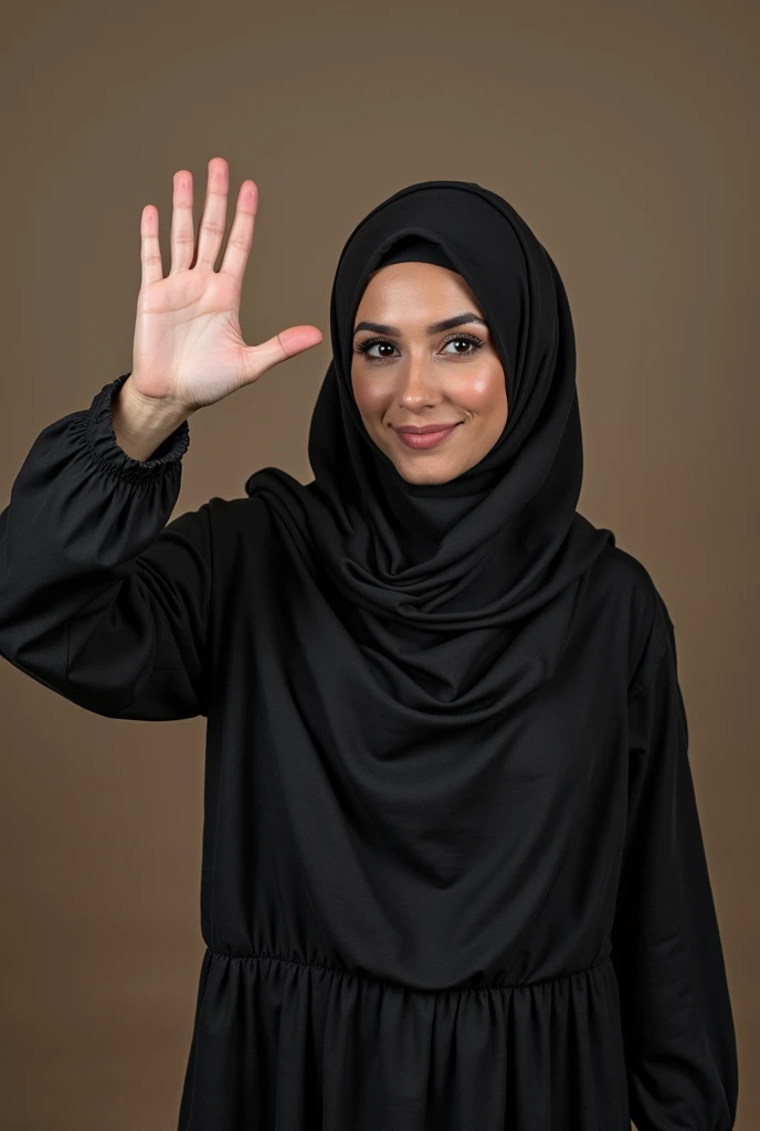 
make me a photo of a woman wearing a hijab posing like a nazi salute