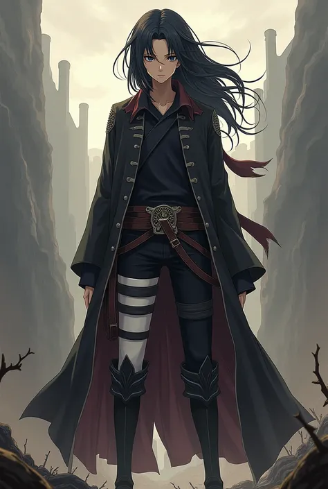 Character Itachi Uchiha from the anime Naruto if he were in the Attack On Titan anime in the animation of the first season with 2D features, full face from the front with the reconnaissance uniform from the front with the characteristics of the Naruto anim...