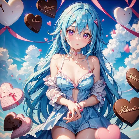 Sky Blue Hair、Braided Short Hair、Pink Eyes、Fair skin、whole body、One person、Shy、Lots of hearts in the background、(Heart-shaped chocolate)、Chocolate Angel、valentine&#39;s day、masterpiece、Highest quality、Very detailed、Best Shadow、Detailed Background、Beautiful...