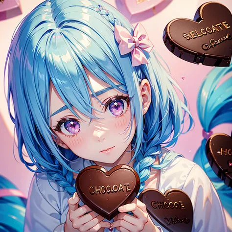 Sky Blue Hair、Braided Short Hair、Pink Eyes、Fair skin、whole body、One person、Shy、Lots of hearts in the background、(Heart-shaped chocolate)、Chocolate Angel、valentine&#39;s day、masterpiece、Highest quality、Very detailed、Best Shadow、Detailed Background、Beautiful...