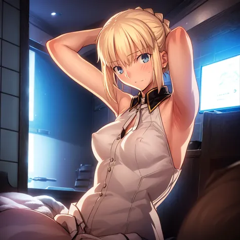 High resolution, 最high resolution,high resolution,{Things to know_f de stay night ufotable:1.15}, Rubio_ Best Quality, masterpiece, フルnude,Sweatだく,Blushing,smile,Armpitアップ,Sweat,Armpitを広げて見せている,bed,Moist,Blonde,whole body,pubic hairあり,Love juice,Armpit,sid...