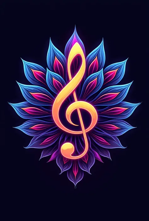 A logo circle musical note center and flower and pattern around. Background Neon very color