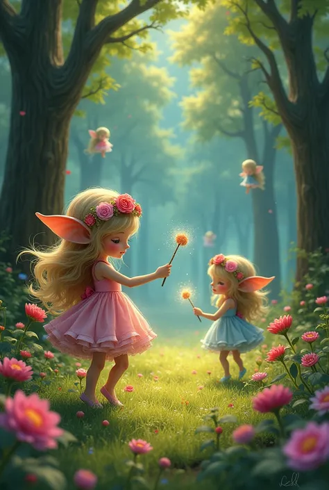 vibrant and enchanted fairy tale design. forest very full of colorful flowers. large old trees in the background, with grass covering. very far away, hidden behind the trees, there are some tiny, skinny creatures floating around, like little points of ligh...