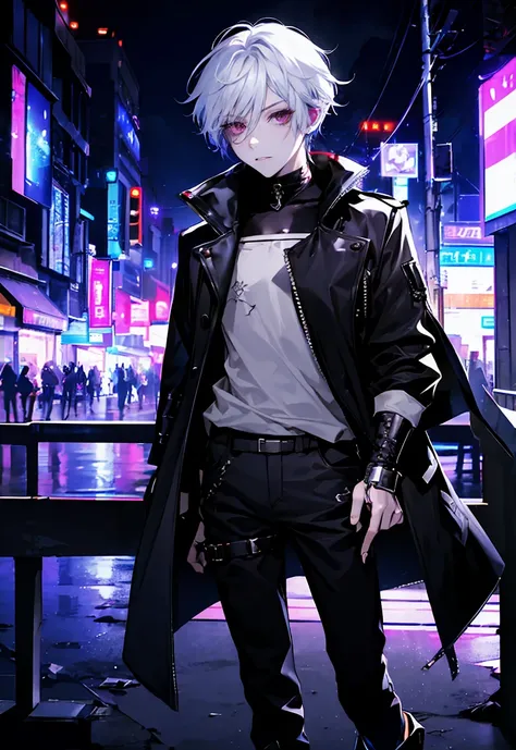 One male character, adult male, bishonen, pretty, handsome, choker, cybernetic inspiration, cyberpunk, alternative fashion, serious angry face, urban setting, cybergoth, night setting, neon lights, medium length hair, white hair with black strands, harness...