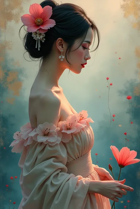 Chiaroscuro on a sensual painting of an elegant oriental woman , retro and vintage ,Chocolate Cosmos (Cosmos Artrosanguneus) Around the body, matte painting, Hannah Dale, By Harumi Hironaka, very soft colors, vibrant, pastel, highly detailed, Digital Artwo...