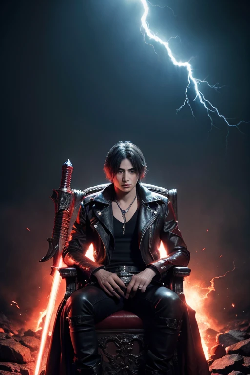 create Dantes son with Lady, Devil May Cry game design, teenager with rebellious style, with the image in the background of Dante in a demonic state facing his human version in high contrast, movie poster style, limbo background, Dantes son is sitting on a...