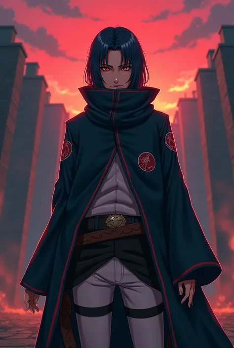 Character Itachi Uchiha from the anime Naruto if he were in the Attack On Titan anime with 2D features, full face from the front with the reconnaissance uniform from the front with the characteristics of the Naruto anime from the front