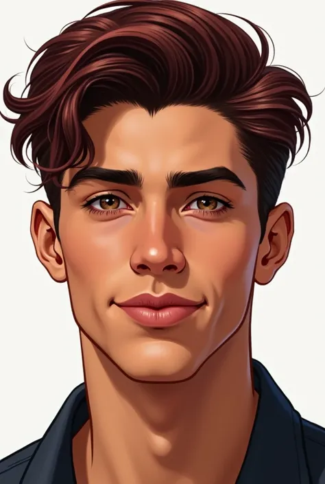 Create a realistic illustration of a young man, that has tanned skin, cinnamon colour, with marked features, defined jaw, medium length hair to the ears, Burgundy hairstyle and color, Full lips and flirtatious smile