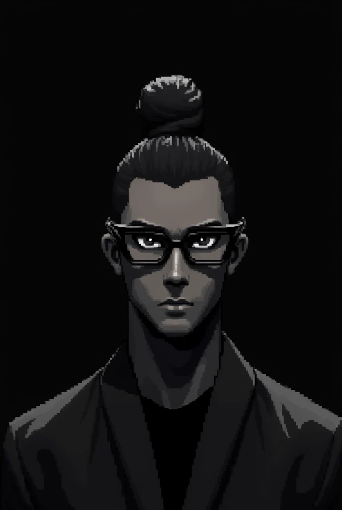 front logo man with glasses samurai bun style in pixel black color black attire black skin color african