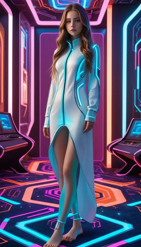 A barefoot futuristic girl stands quietly on a carpet, Charming eyes, Porcelain skin, Flowing long hair, (Futuristic Clothing:1.1, Fashionable outfits), (Beautiful movements), (Bright and vivid colors), (Futuristic lighting:1.1, Neon lights), (Futuristic b...