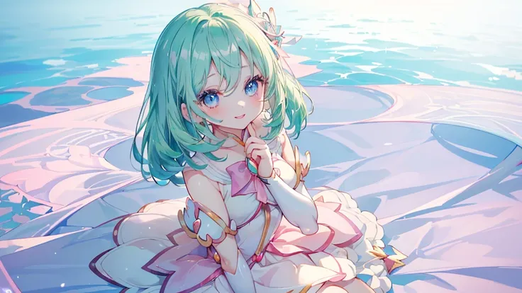 (Top view,Spread your hands), (((Highest quality、masterpiece、Ultra-fine、Ultra-fine、髪UP,Green Hair,Exquisite、Absolute area,dress,16K,cute,profile,Sitting,The best smile,Full HD,)), ( ((summer,One person,かわいいMagical girl,)))Blue Eyes、Long eyelashes、White ski...