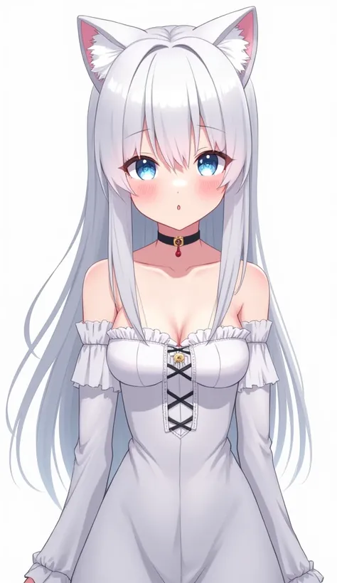 one girl, anime style, cat ears, off shoulder, medium breasts, shy, blush, navel, choker, obedient, white long hair, light blue eyes