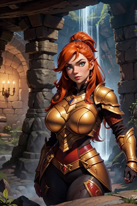 close up of dwarven woman, orange hair, maroon armor with gold trim, heavy armor, chubby cheeks, green eyes, freckles on cheeks,...