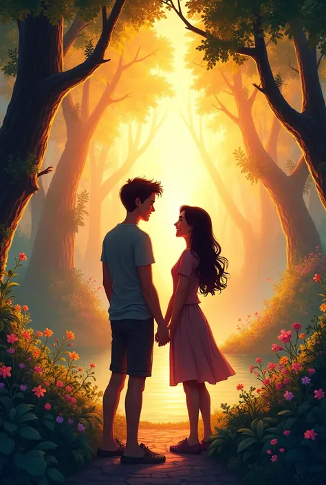 Book cover of 2 people silhouette (Luke and Elena) watching the transformation from a park, smiling and satisfied Disney style