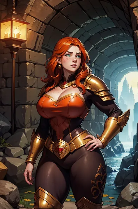 Close up of Dwarven woman, orange hair, maroon armor with gold trim, heavy armor, chubby cheeks, green eyes, freckles on cheeks, freckles on top of breasts, underground, large cavern, carved stone walls, underground waterfall, underground, interior. Show h...