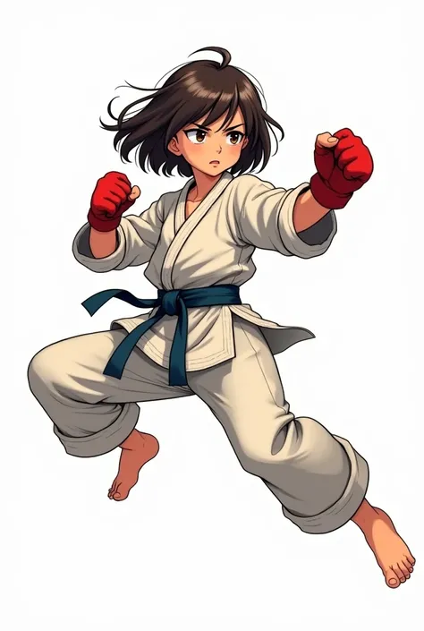 Create a dynamic anime-style illustration of a cute female martial artist delivering a powerful jumping punch. Her short bob hair is flowing and a red headband is hanging behind her, and her expression is fearless yet adorable.

She wears a traditional mar...