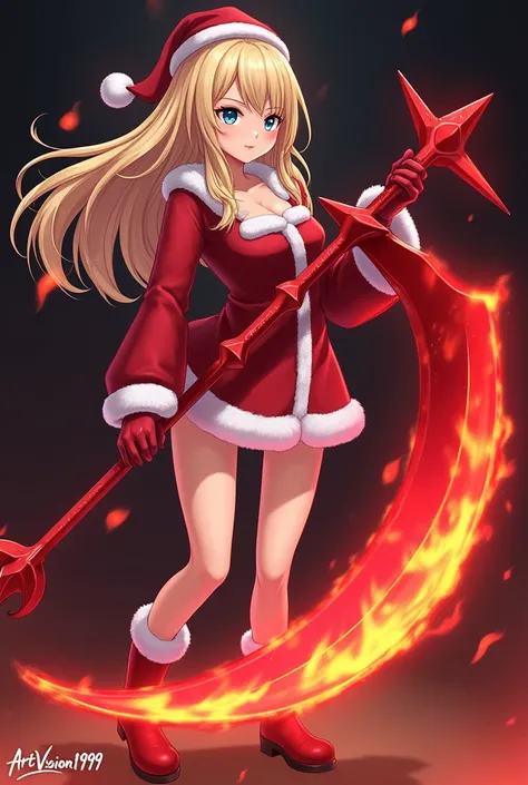 Digital artwork featuring an anime-style character. The character is a young woman with long blonde hair, styled in loose waves, and blue eyes. She is dressed in a red, Santa-inspired outfit with white fur trim, including a short dress, gloves, and boots. ...