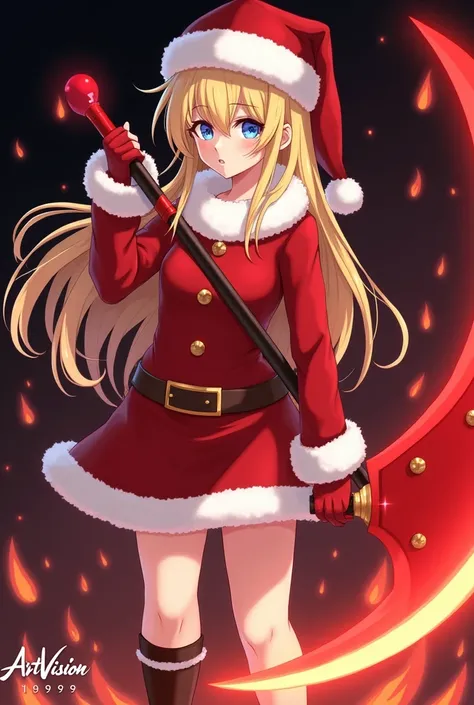 Digital artwork featuring an anime-style character. The character is a young woman with long blonde hair, styled in loose waves, and blue eyes. She is dressed in a red, Santa-inspired outfit with white fur trim, including a short dress, gloves, and boots. ...