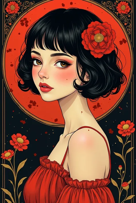 (masterpiece, best quality:1.2), 1 girl, alone,beautiful face，Red Reminimalist Art Nouveau，Illustration style，black and red，flowers