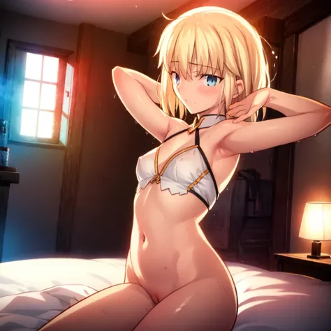 High resolution, 最high resolution,high resolution,{Things to know_f de stay night ufotable:1.15}, Rubio_ Best Quality, masterpiece, フルnude,Sweatだく,Blushing,smile,Armpitアップ,Sweat,Armpitを広げて見せている,bed,Moist,Blonde,whole body,pubic hairあり,Love juice,Armpit,sid...