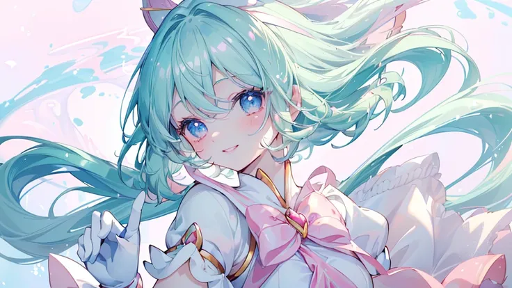 (Spread your hands), (((Highest quality、masterpiece、Ultra-fine、Ultra-fine、髪UP,Green Hair,Exquisite、Absolute area,dress,16K,cute,profile,The best smile,Full HD,)), ( ((summer,One person,かわいいMagical girl,)))Blue Eyes、Long eyelashes、White skin、(Pale pink lips...