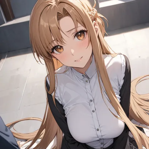 ((Highest quality)), ((masterpiece)), (detailed), （Perfect Face）、The woman is Yuuki Asuna, with light brown, semi-long hair.、in、visitor、女はvisitor、visitorの制服を着ている