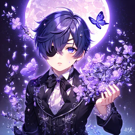 absurdres, highres, ultra detailed, HDR, master piece, best quality, extremely detailed, Ciel Phantomhive, dark blue hair, expressive blue eyes, black eye patch over the left eye, Kuroshitsuji, solo, sexy man, handsome, sensual, manly man, black clothes, f...