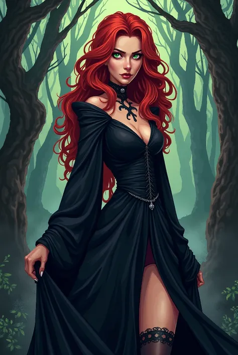 (masterpiece, top quality, best quality), pixel,pixel art, a witch with a witch hat, stockings, and a black dress. She has green eyes and red hair
