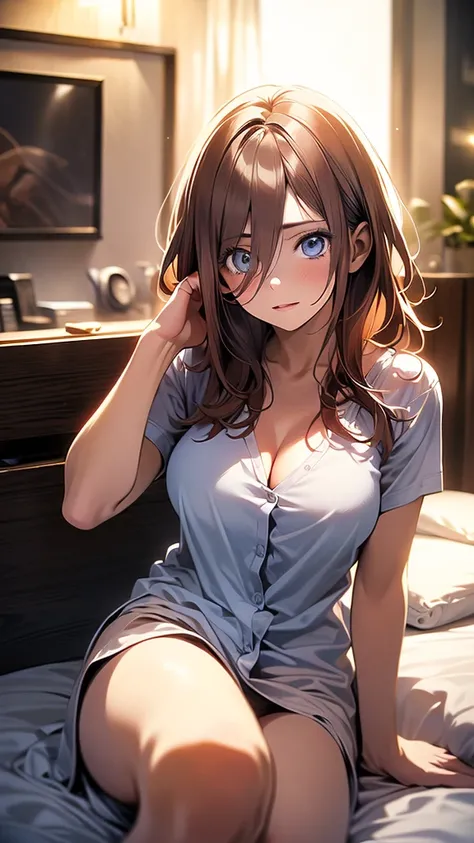 realistic, dramatic, sensual, highly detailed portrait of a beautiful young woman with long reddish brown hair, big blue eyes with long eyelashes, detailed facial features, smooth vibrant anime-style skin texture, perfect busty figure, confident and attrac...