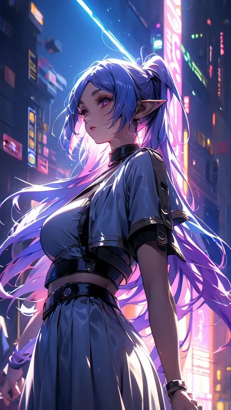 cyber punk、1 person, 20-year-old girl, One person, (Silver Hair), Long pointed ears、Elf、(Gradient sky blue hair tip:1.6), hair, Ridiculously long hair, Single Side Lock, Wavy Hair, Shine髪, Floating Hair, (Fantastic deep purple eyes), Delicate eyes, Aqua Ey...