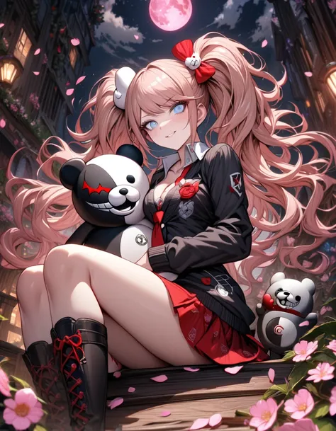 Ultra detailed, highres, absurdres, HDR, master piece, Enoshima Junko, strawberry-blonde hair tied in two twin pigtails, expressive light blue eyes, Danganronpa, black cardigan, white long necktie, red skirt, holding a plushie of Monokuma, pink flowers, pe...