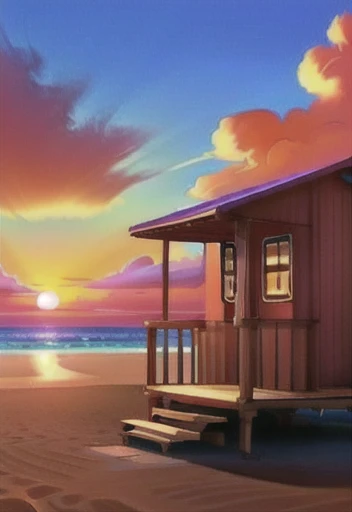 ghibli anime style, portrait of a small lifeguard hut on the beach, beautiful sunset over the ocean, full clouds in the sky, central symmetrical framing, vibrant color