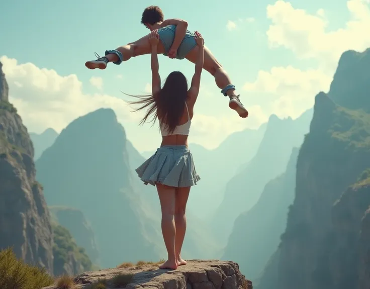 (Girl lifting a man high above her head with her strong arms). She is standing on a cliff with tall Mountains in the background. Teen, Cute, gorgeous, Caucasian girl, fit, (muscular:1.5), 18, abs, slender, slim, long flowing brown hair, (dressed in skirt a...