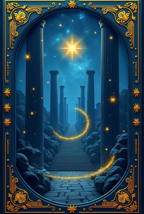 An indigo blue casing with yellow stars all over the cover with celestial towers, an ancient Greek clock symbol and an owl symbol in the picture  
Cover in novel