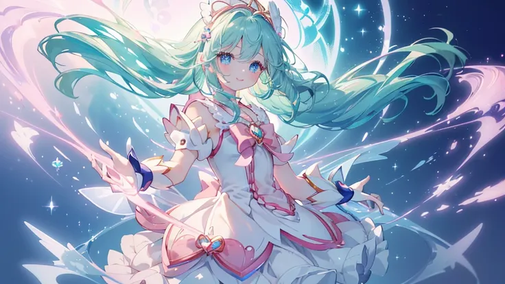 (Spread your hands), (((Highest quality、masterpiece、Ultra-fine、Ultra-fine、髪UP,Green Hair,Exquisite、whole body,Absolute area,dress,16K,cute,profile,The best smile,Full HD,)), ( ((summer,One person,かわいいMagical girl,)))Blue Eyes、Long eyelashes、White skin、(Pal...