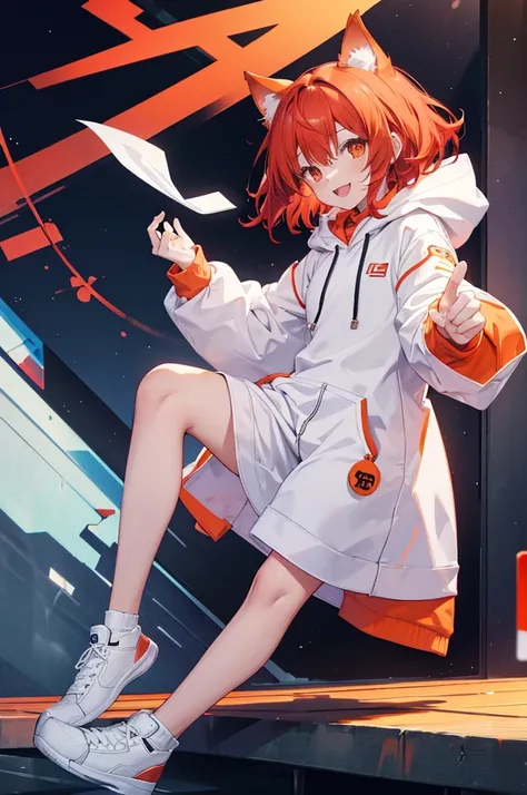 Full body portrait，Man Red Hair，Orange Eyes，Dog ears，，About，White hoodie outfit，Mouth open，smile，Moe sleeves，Pause