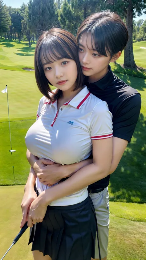 1 young office lady being hugged from back by 1 man:1.2,close to each other:1.1), (mans hand touching her breast:1.1),very cute face,bob cut,white skin-tight golf uniform,embarrassed,golf course,perfect anatomy, masterpiece, best quality,8k,perfect face,fr...