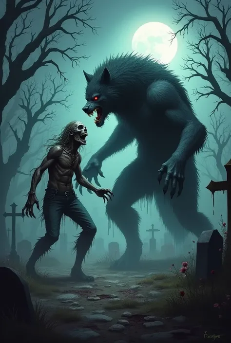 A werewolf in the cemetery killing a zombie