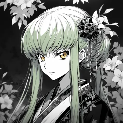 Beautiful anime portrait,Black gray monochrome，Oriental Wallpaper，pink，Feel，very anime style，1girl, c.c., code geass，Flowers，close up，Soft Light，Rich in details，The expression is firm，Kimono decoration，Background blur，鲜艳的颜Feel深沉，front，Yellow eyes，Green Hai...