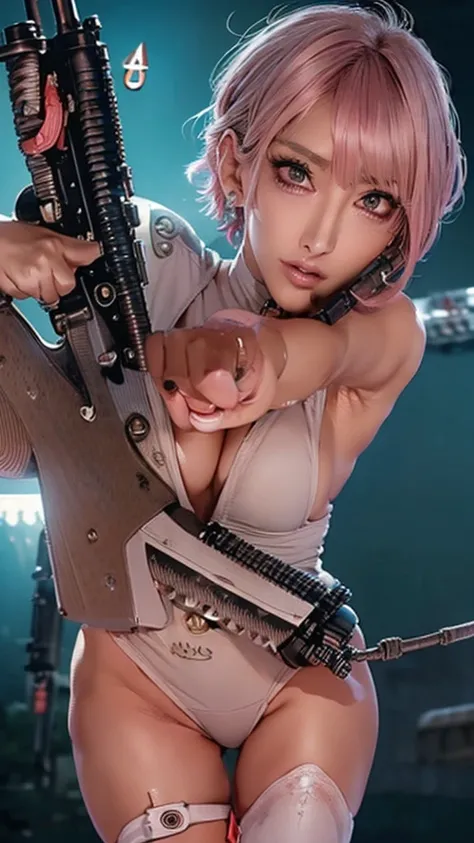 (Highest quality), Realistic, (live-action),(Short Hair,Sharp bangs)Showing off your crotch,Highest quality,Highest quality,8k images,Pink Hair,High heels,Small face,((Big Breasts))Leg spread、1 gun,(((Point the tip of your gun towards the camera:1.8))),Hig...