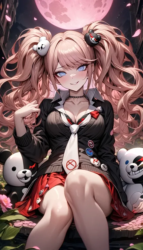 Ultra detailed, highres, absurdres, HDR, master piece, Enoshima Junko, strawberry-blonde hair tied in two twin pigtails, expressive light blue eyes, Danganronpa, black cardigan, white long necktie, red skirt, holding a plushie of Monokuma, pink flowers, pe...