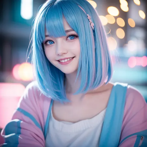 One person, Background blur, Pink eyes, Blue Hair/Light blue hair, smile, High resolution, 