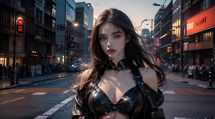 ((masterpiece, best quality, Highest image quality, high resolution, Reality, RAW photos, 8K)), Bustling future city night scene，Girl standing on the roof，Tight leather jacket，Off-shoulder，Large Breasts，Long hair，Pretty face，Closed mouth，dramatic，Upper Bod...